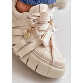 Sneakersy Skórzane Damskie Na Platformie Beżowe CheBello 4568 beżowy 2