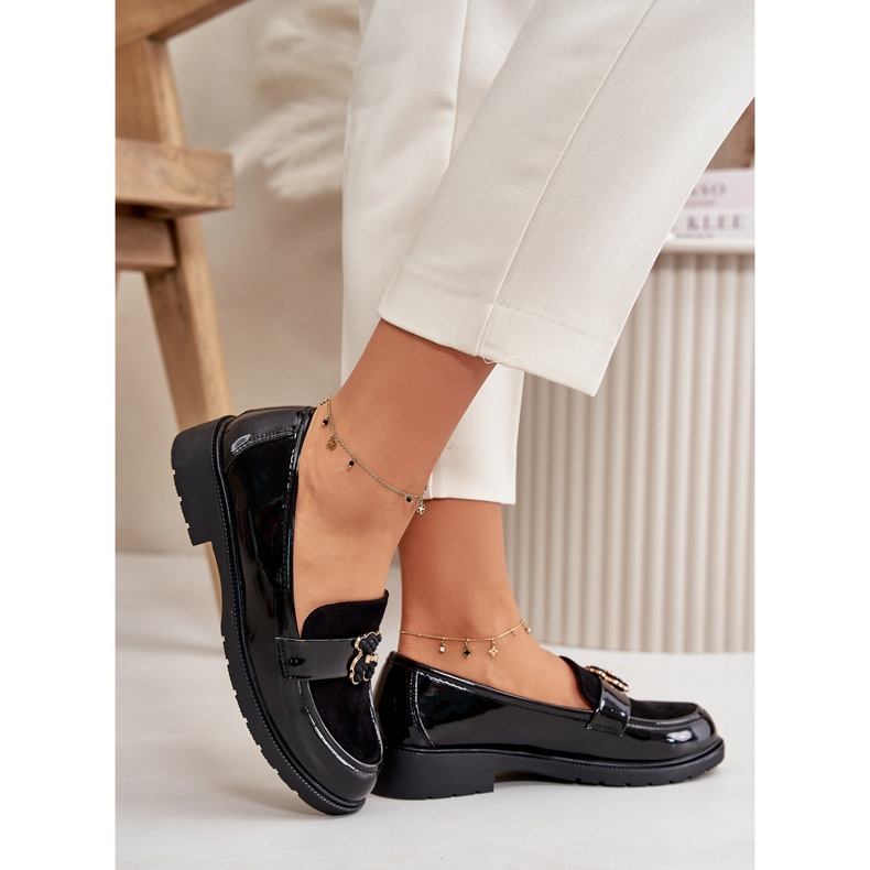 Mokasyny Damskie Lakierowane Z Misiem Czarne S.Barski HY42-339A 2