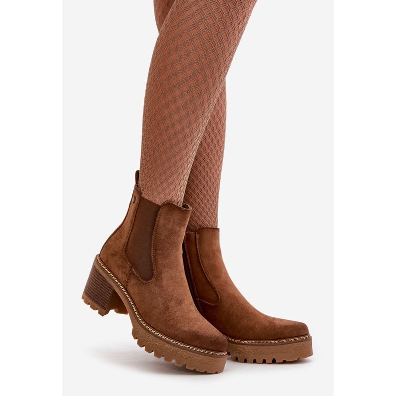 Botki Damskie Ocieplane Na Słupku Eko Zamszowe Brązowe Irissinae 1