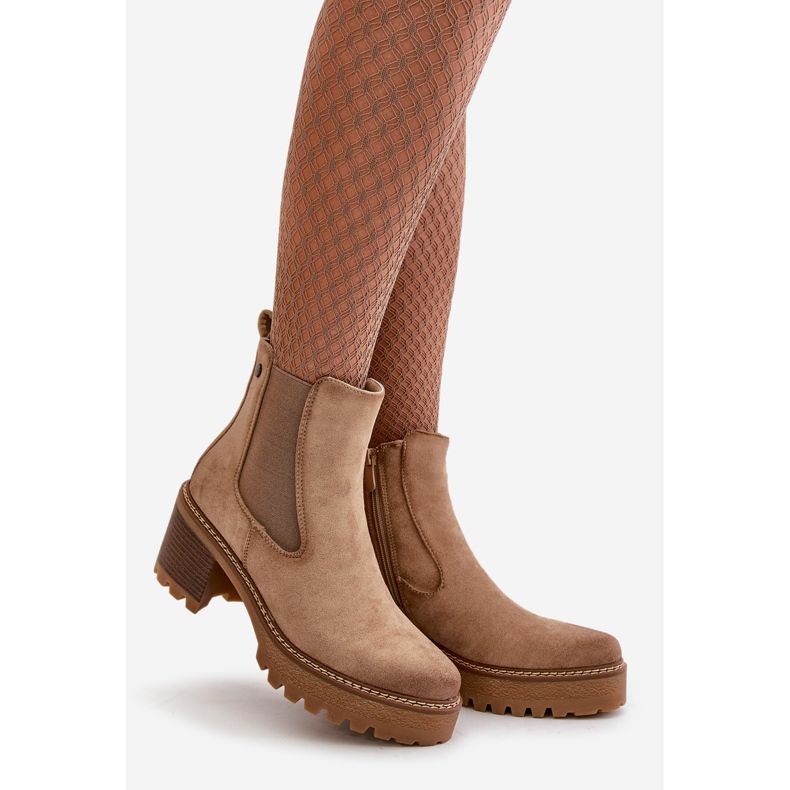 Botki Damskie Ocieplane Na Słupku Eko Zamszowe Beżowe Irissinae beżowy 1