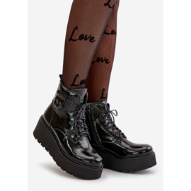 Zazoo 60499 Lakierowane Damskie Botki Na Platformie I Koturnie Ocieplane Skóra Naturalna Ciemnozielone czarne 1