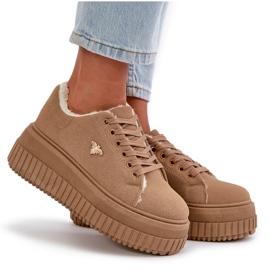 Sneakersy Damskie Ocieplane Na Masywnej Podeszwie Ze Złotym Detalem Brązowe Lotira 11