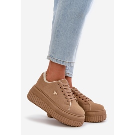 Sneakersy Damskie Ocieplane Na Masywnej Podeszwie Ze Złotym Detalem Brązowe Lotira 1