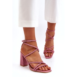 Sandały damskie na słupku różowe paski 2