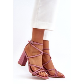 Sandały damskie na słupku różowe paski 1