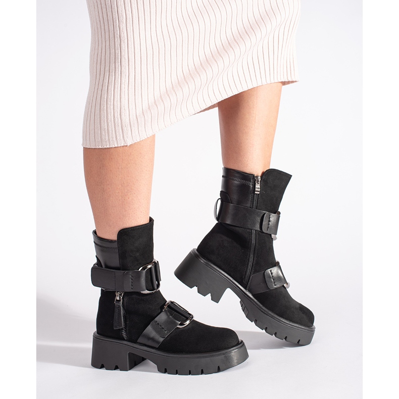 Goodin Czarne zamszowe botki damskie z klamrami 1