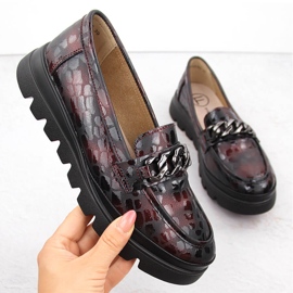 Skórzane półbuty damskie mokasyny z łańcuszkiem bordowe Filippo DP6467 czerwone 1