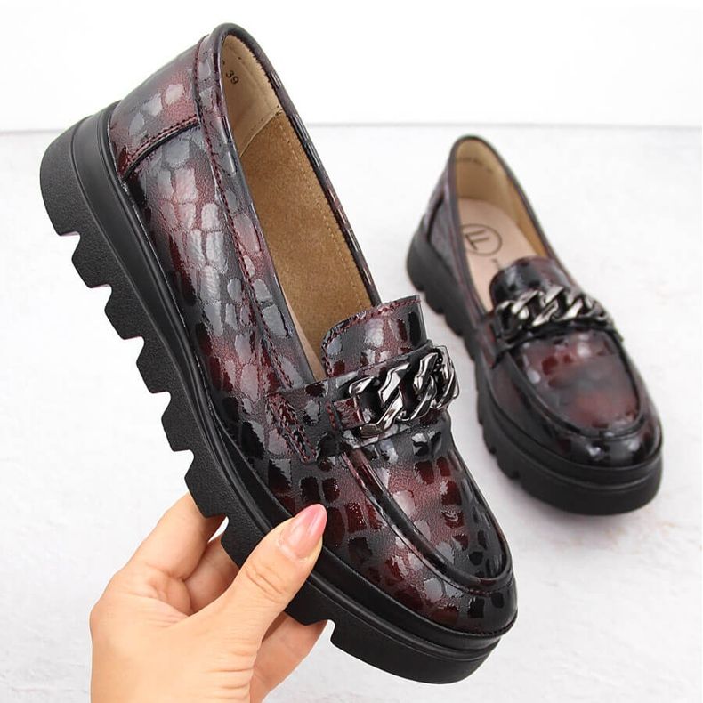 Skórzane półbuty damskie mokasyny z łańcuszkiem bordowe Filippo DP6467 czerwone 1