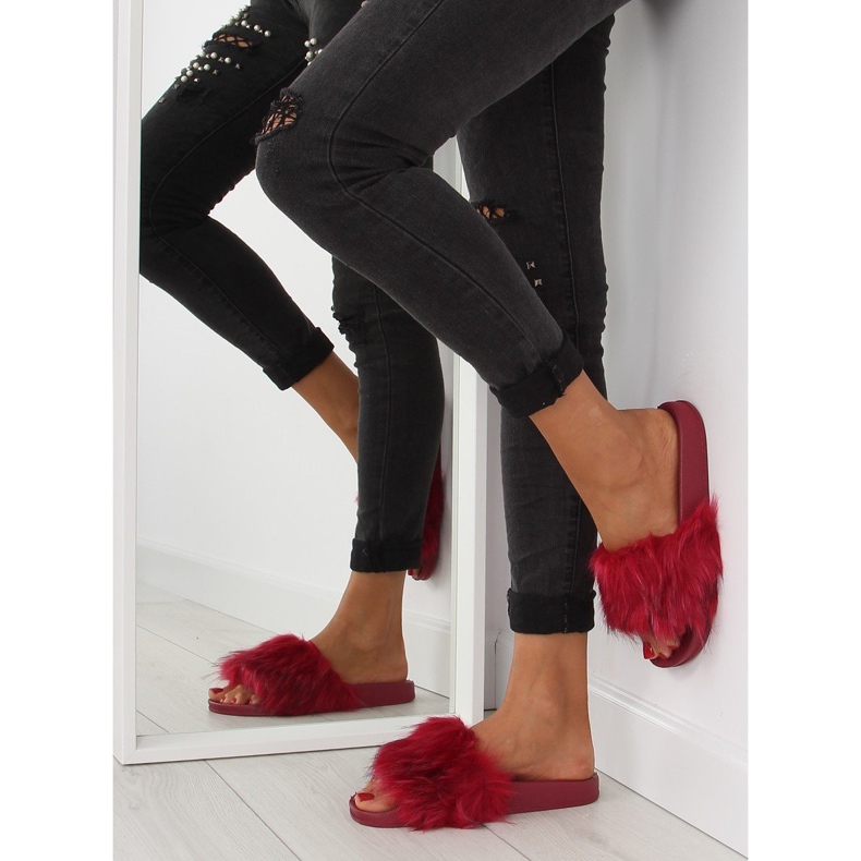 Klapki z futrem bordowe zy383-007-1 wine czerwone 2