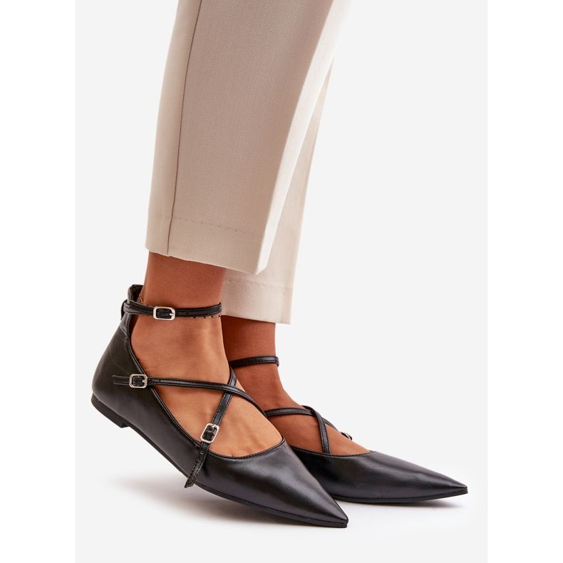 Baleriny Damskie Z Noskami W Szpic I Przeplatającymi Się Paskami Czarne Violra 1