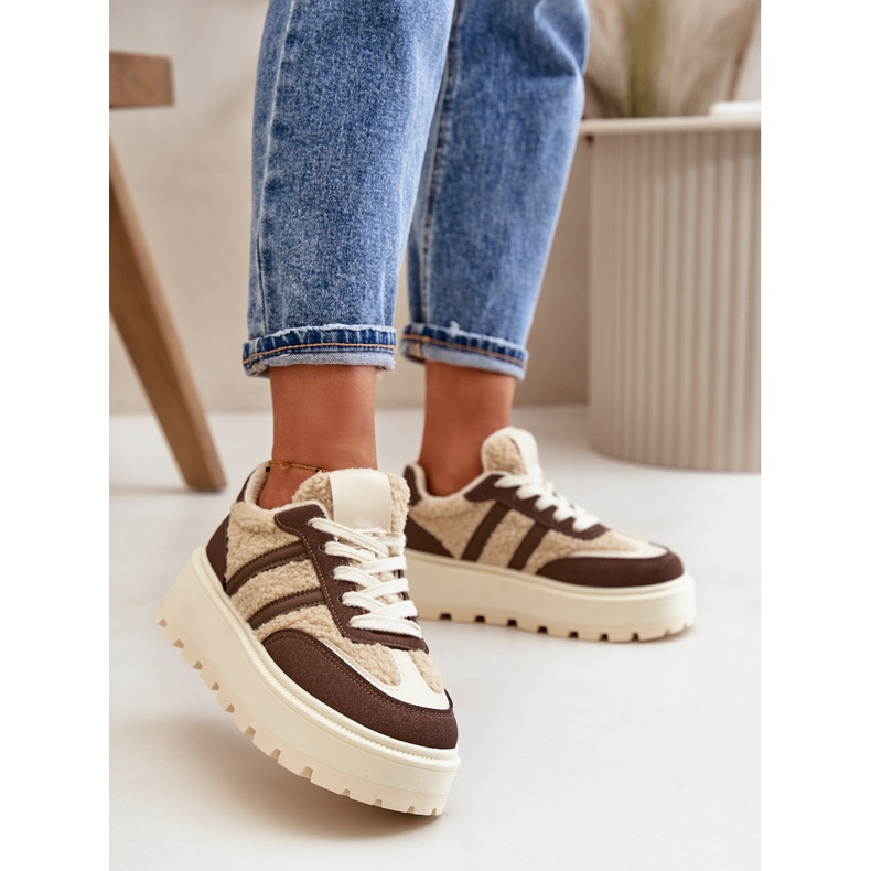Ocieplane Sneakersy Damskie Na Platformie Z Kożuchem Brązowe Daivlene 2