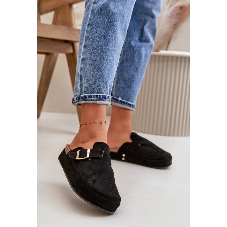 Damskie Klapki Chodaki Na Platformie Ze Złotą Klamrą Czarne Terilaina 2