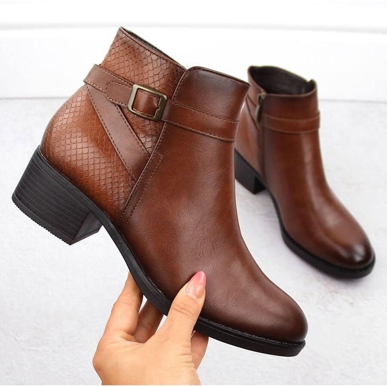 Botki damskie na obcasie ocieplane brązowe Potocki 12280 1