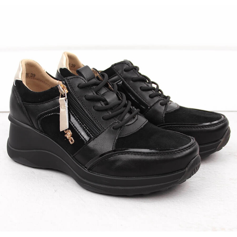 Skórzane półbuty damskie na koturnie czarne Filippo DP6434 2