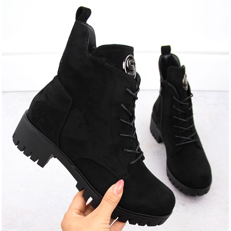 M. DASZYŃSKI Zamszowe botki na słupku i platformie ocieplane czarne M.Daszyński MR1813-38 1