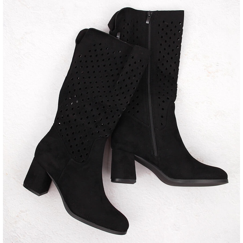 M. DASZYŃSKI Kozaki damskie zamszowe ażurowe czarne M.Daszyński SA156-10B 1