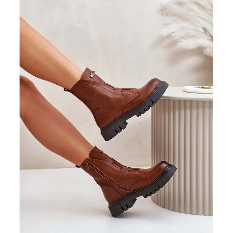 Ocieplane Botki Workery Damskie Na Zamek Eko Skórzane Brązowe Mailyra 2