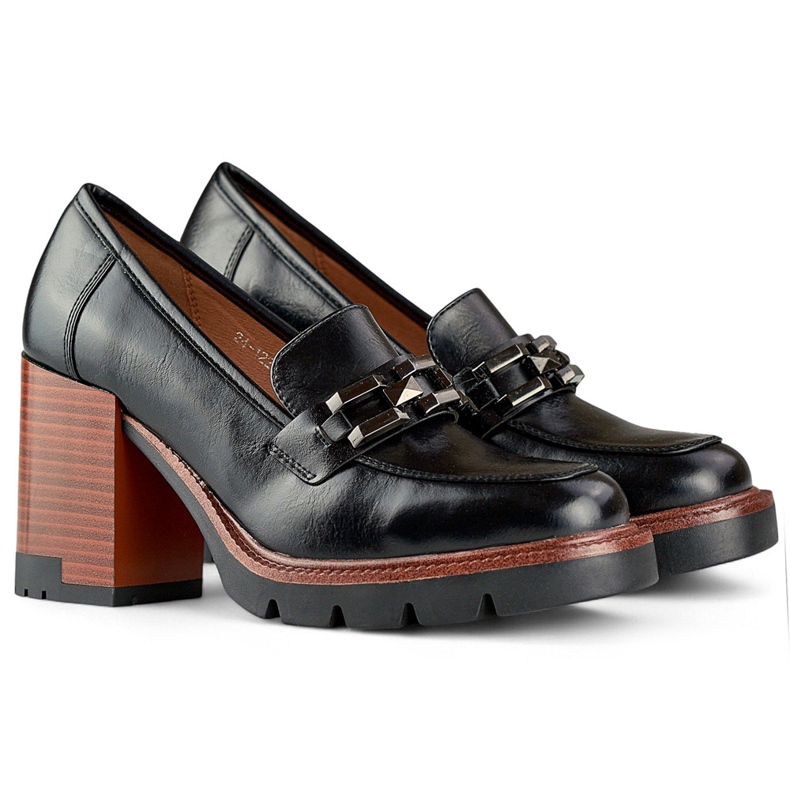 Czarne mokasyny na grubszym obcasie półbuty 1