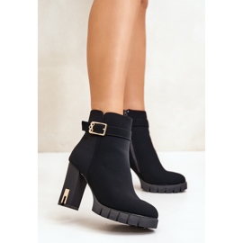 Ocieplane Botki Damskie Na Słupku Ze Złotą Klamrą Czarne Taitra 2
