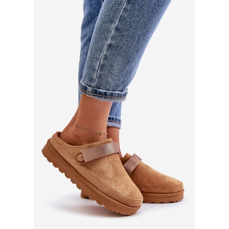 Damskie Klapki Ocieplane Futerkiem Na Platformie Camel Azida brązowe 1
