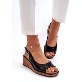 Damskie Lakierowane Sandały Na Koturnie Sergio Leone SK301 Czarne 2