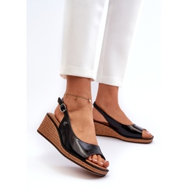 Damskie Lakierowane Sandały Na Koturnie Sergio Leone SK301 Czarne 1