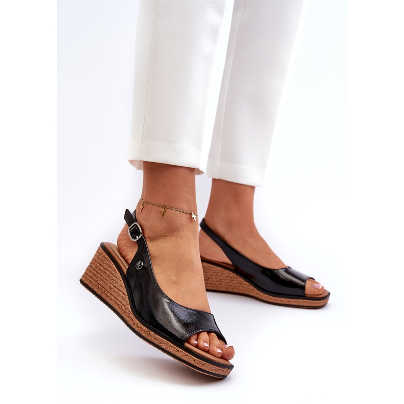 Damskie Lakierowane Sandały Na Koturnie Sergio Leone SK301 Czarne 1