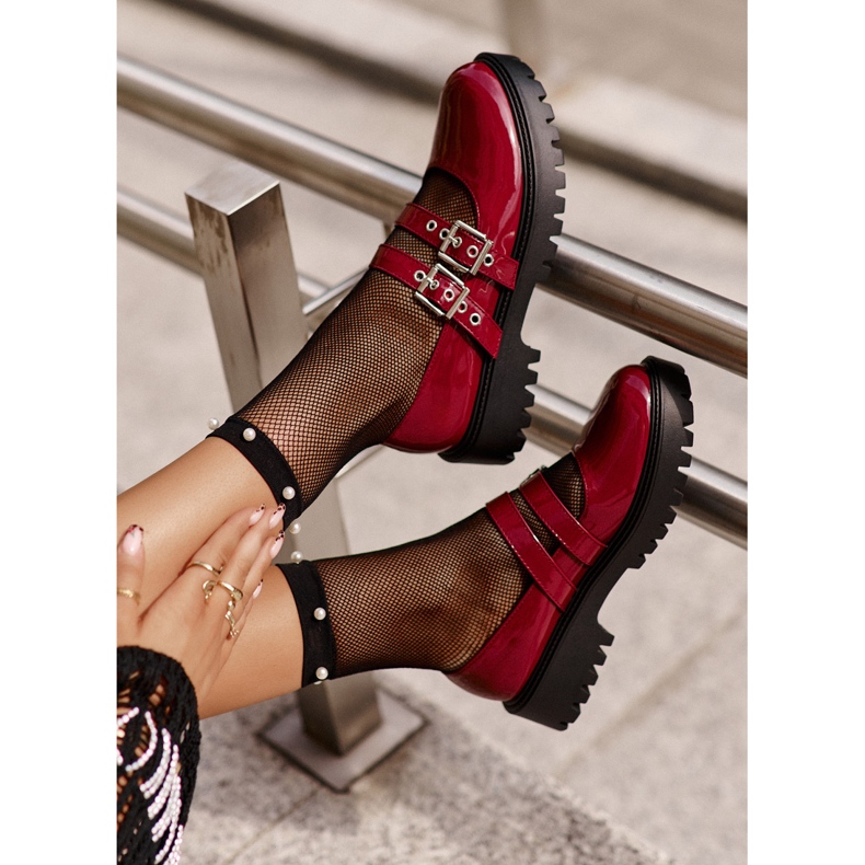 Półbuty Damskie Z Paskami Lakierowane Bordowe Terione czerwone 1