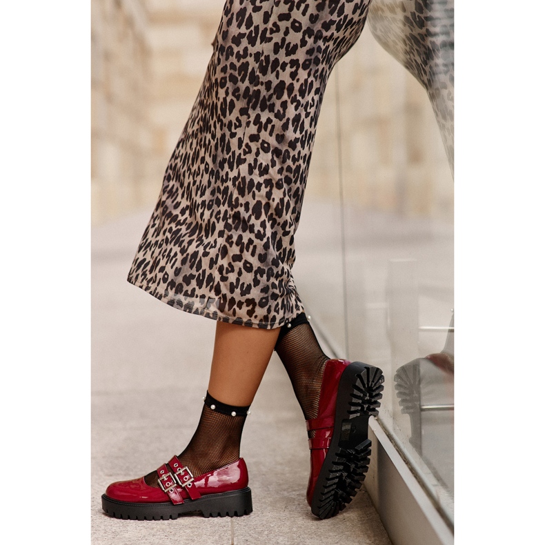 Półbuty Damskie Z Paskami Lakierowane Bordowe Terione czerwone 2