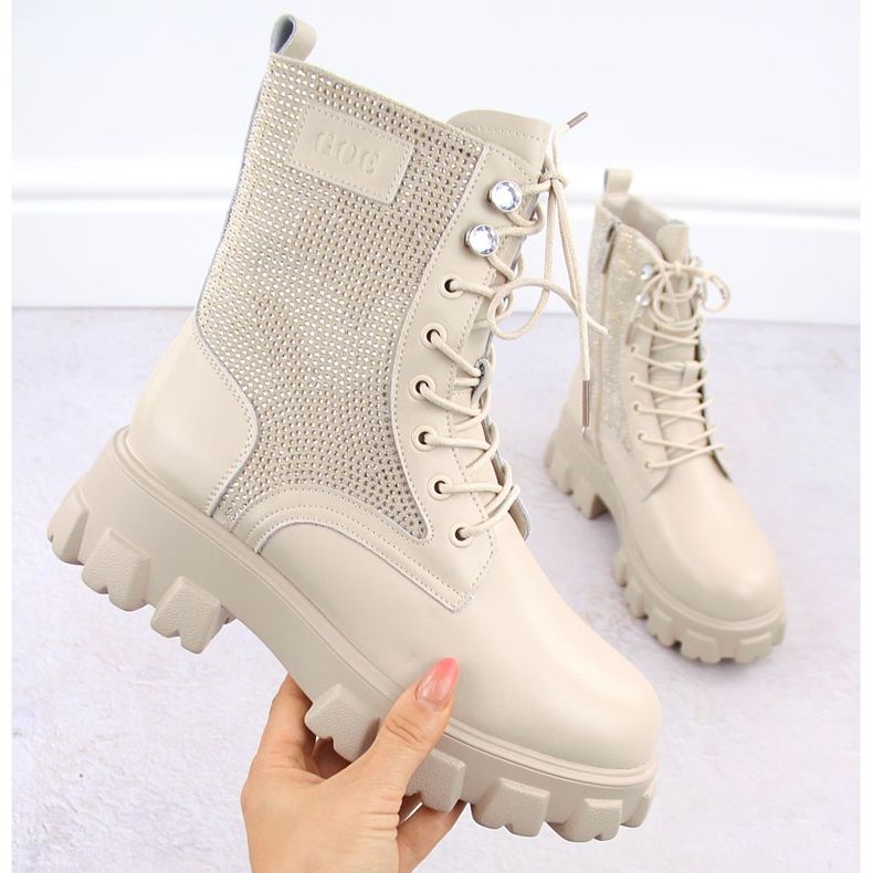 Skórzane botki damskie z cyrkoniami beżowe Goe OO2N4108 beżowy 1