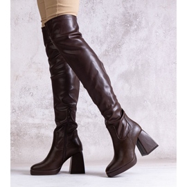 Długie kozaki na słupku z eko skóry Lamis brązowe 1