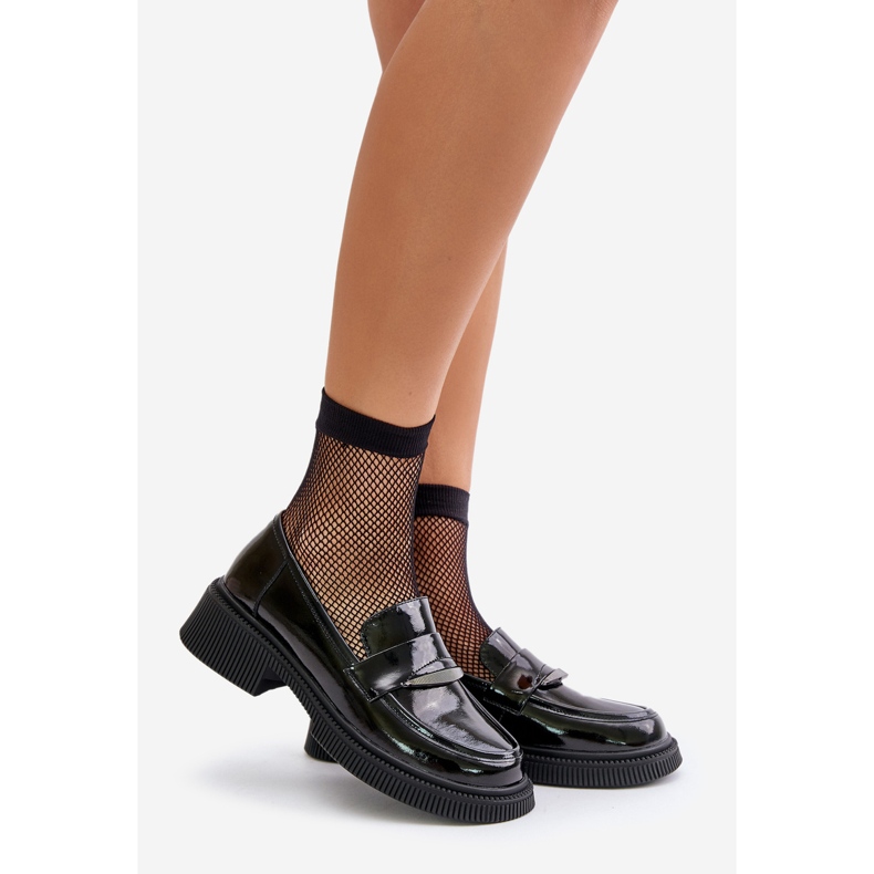 S.Barski Lakierowane Mokasyny Loafersy Damskie Z Ozdobą D&A LZ42-031 Czarne 1