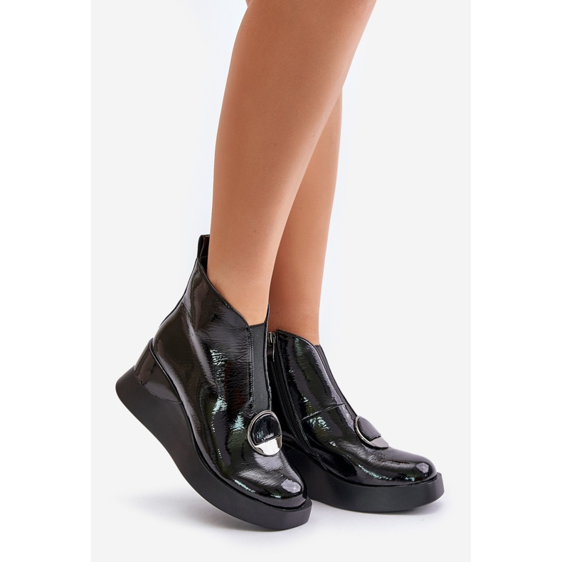 S.Barski Lakierowane Botki Na Koturnie Ocieplane D&A MR880-136 Czarne 1