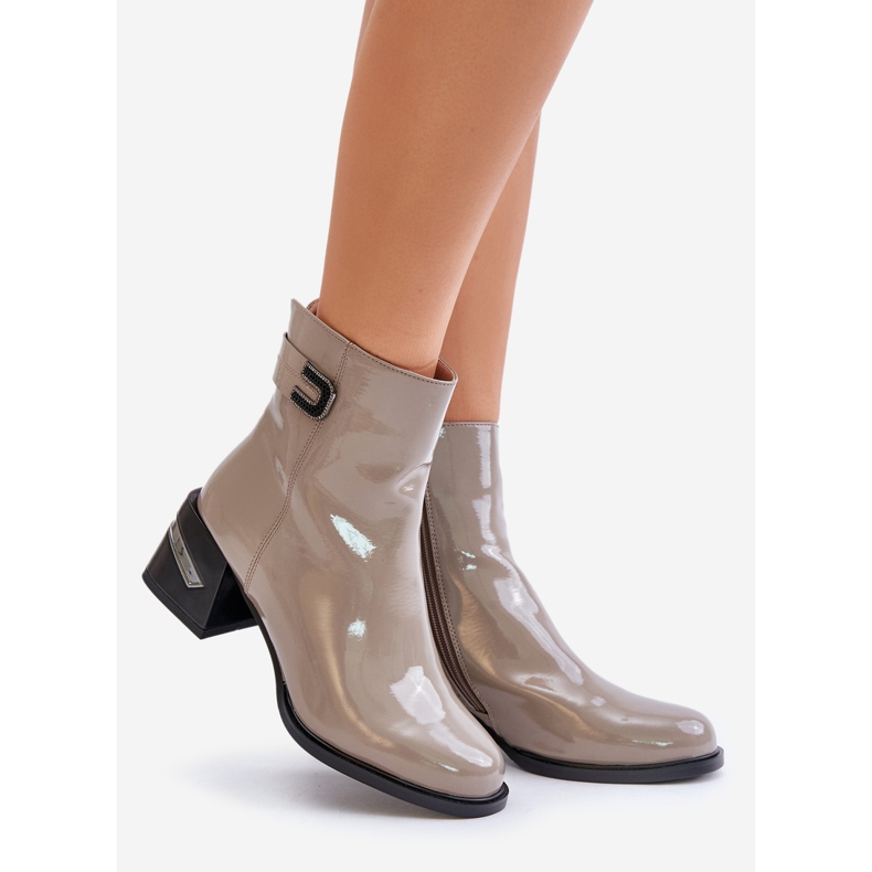 S.Barski Lakierowane Botki Na Obcasie Ocieplane MR880-093 Szare 1