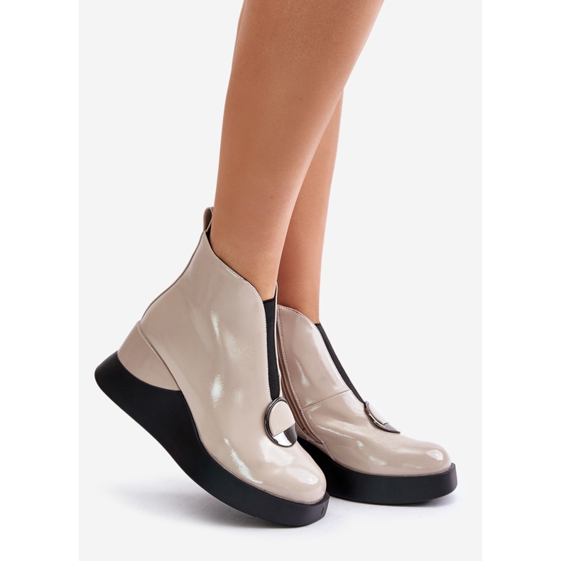 S.Barski Lakierowane Botki Na Koturnie Ocieplane D&A MR880-136 Beżowe beżowy 1