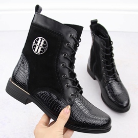 Skórzane botki damskie lakierowane kroko czarne Filippo DBT4917 1