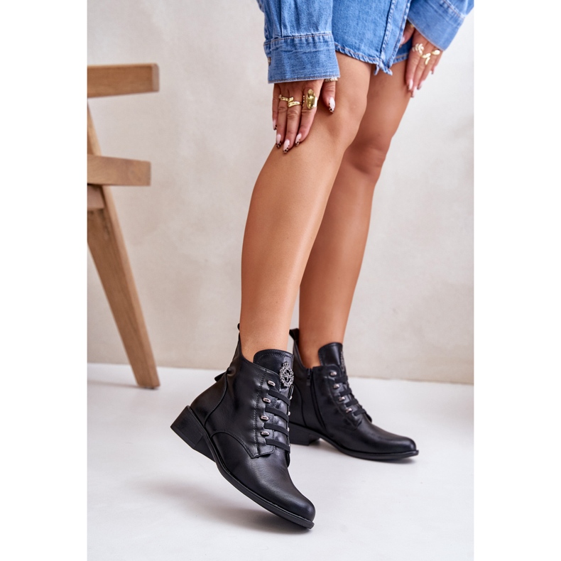 Jezzi Niskie Botki Ocieplane Na Zamek Z Ozdobą Czarne Nevalia 2