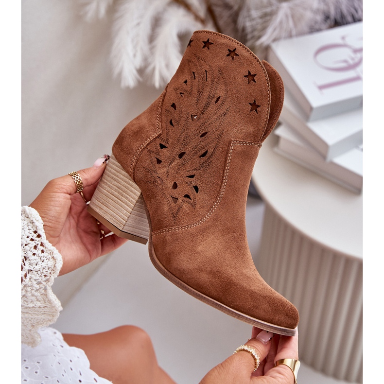 Ażurowe Botki Kowbojki Zamszowe Na Słupku Lewski 3613 Brązowe 2