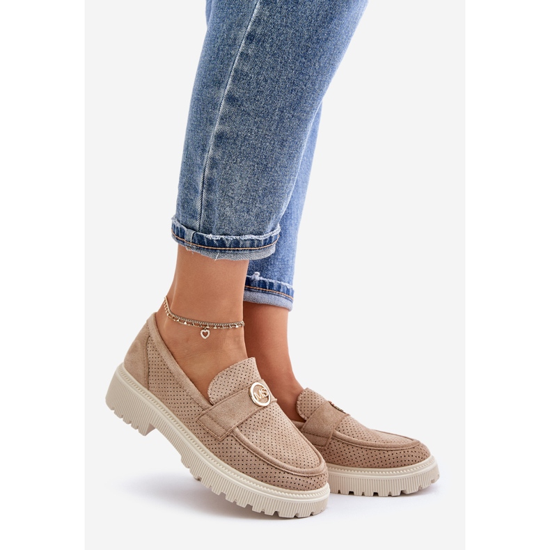 Damskie Półbuty Mokasyny Ze Złotym Detalem Khaki Arilva beżowy 1