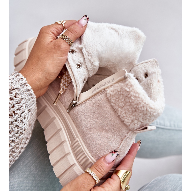 Damskie Ocieplane Botki Trapery Na Platformie Beżowe Alcyhen beżowy 2