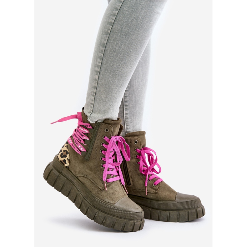 Botki Damskie Na Platformie Z Ozdobnym Sznurowaniem Panterka Zielone Edidda 1