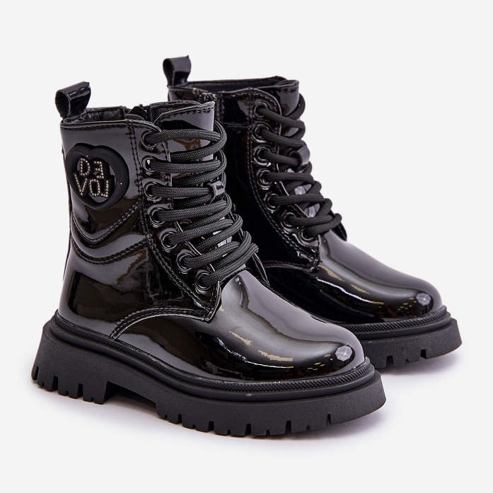 Lakierowane Botki Dziewczęce Ocieplane Futerkiem Na Zamek Czarne Evaliraea 1