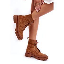 Botki ocieplane trapery damskie sznurowane camel brązowe 3