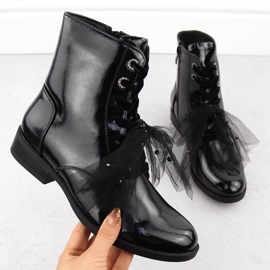 Botki damskie lakierowane z kokardką czarne S.Barski 1