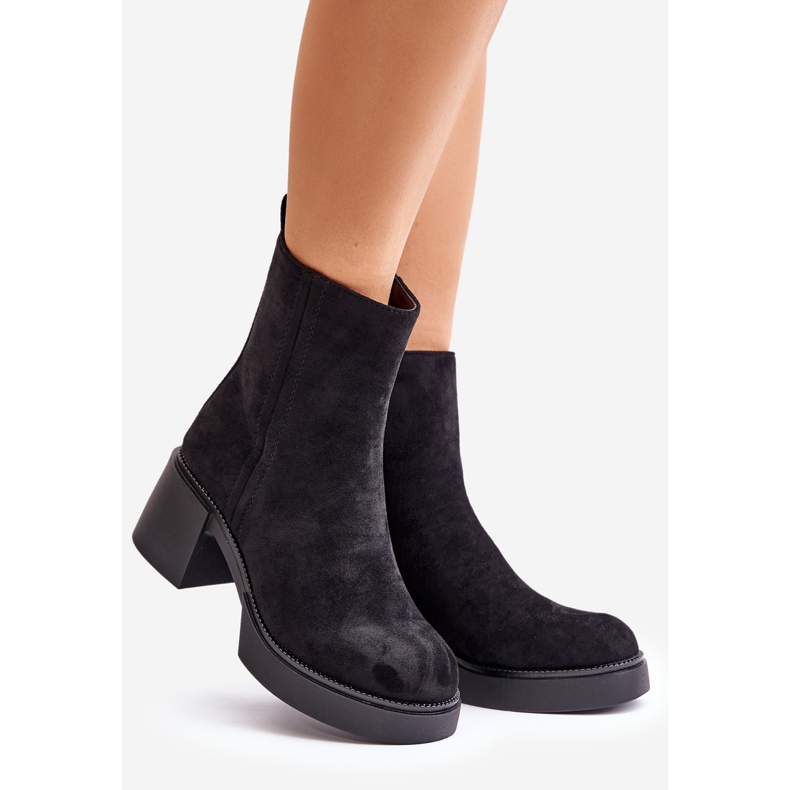 Eko Zamszowe Damskie Botki Na Słupku Ocieplane Czarne Meriluna 1