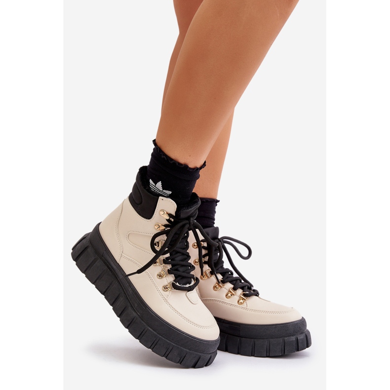 Damskie Ocieplane Botki Trapery Na Platformie Beżowe Jelenia beżowy 1