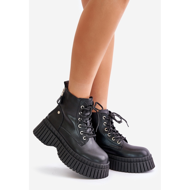 Ocieplane Skórzane Botki Trapery Na Masywnej Podeszwie GOE OO2N4126 Czarne 1