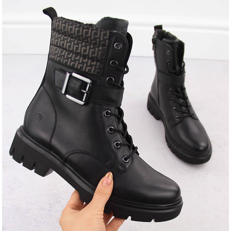 Skórzane workery damskie botki ocieplane czarne Remonte D1W71-03 1