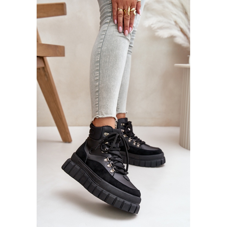 Damskie Ocieplane Botki Trapery Na Platformie Czarne Jelenia 2