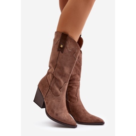 Ocieplane Kozaki Kowbojki Na Słupku Eko Zamszowe Brązowe Hanivin 1